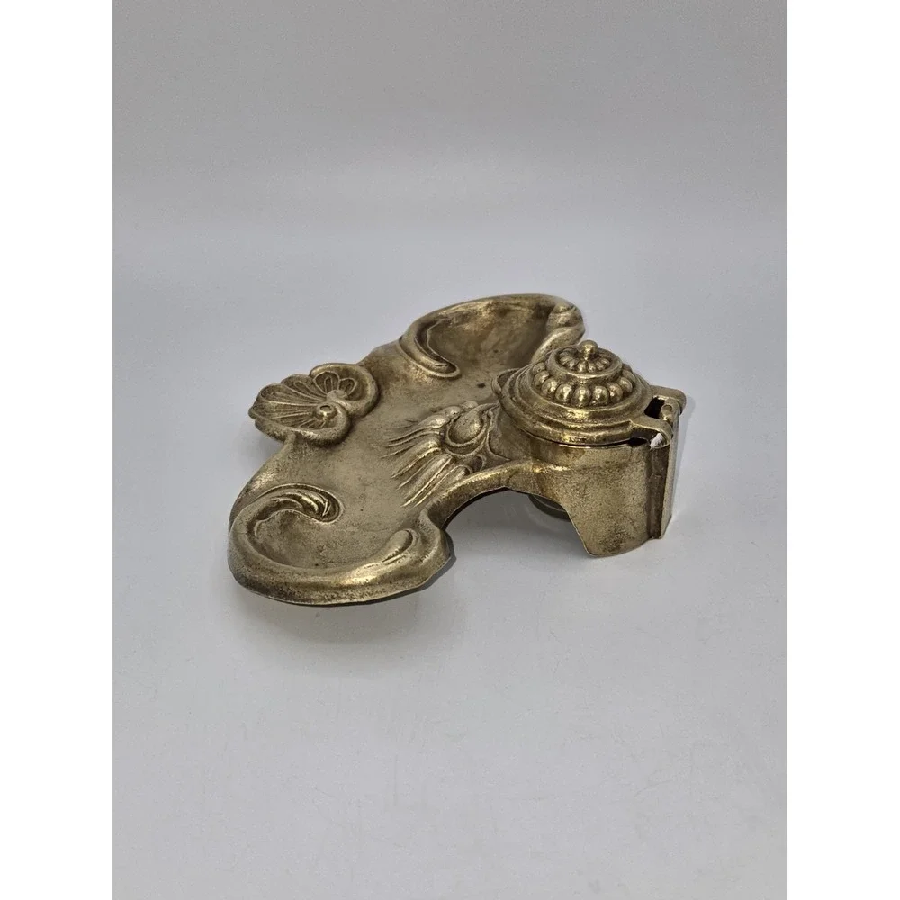 Rococo Revival Brass Inkwell Ornate Shell Scroll Hinged Lid